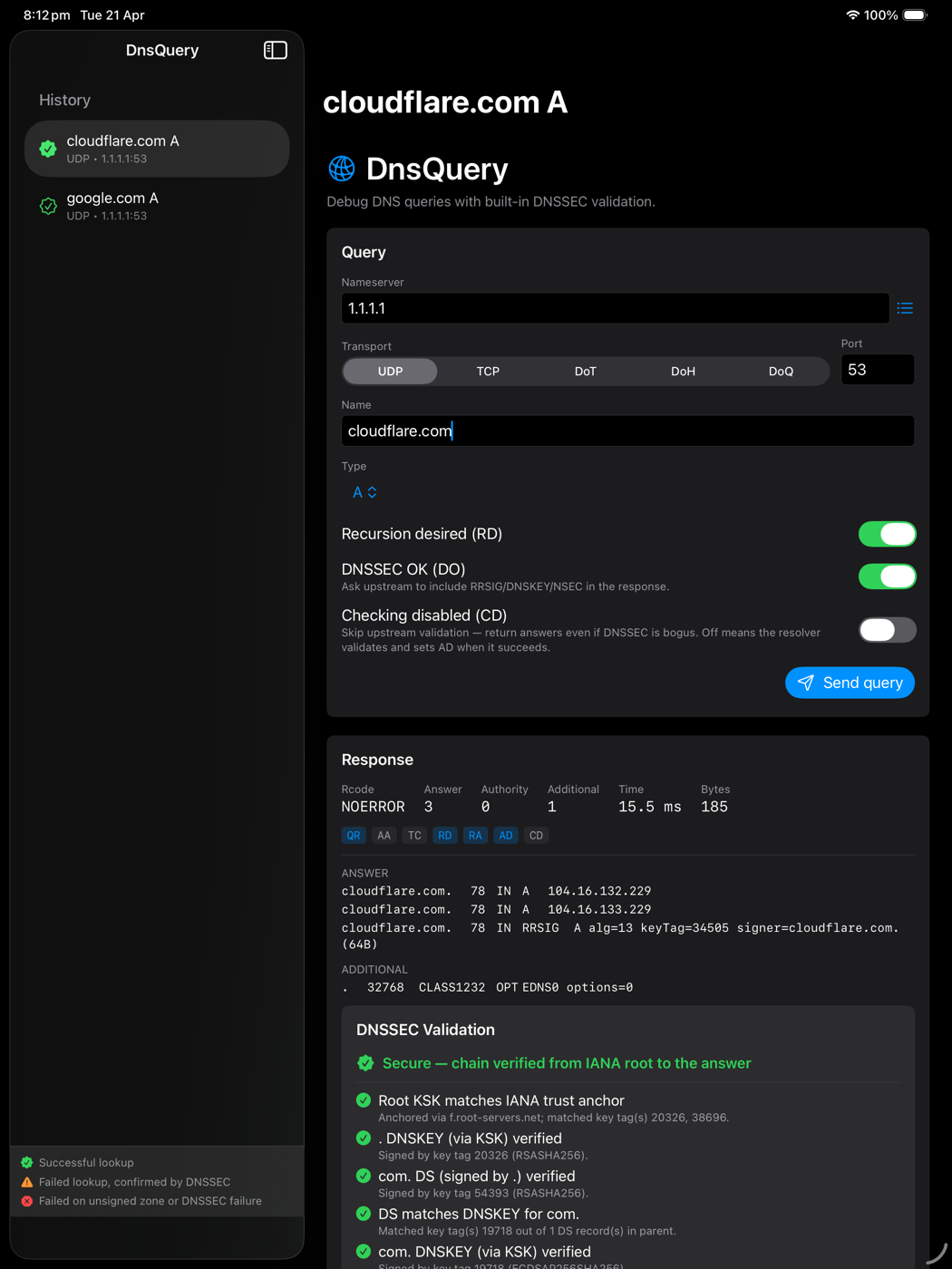 DnsQuery on iPad: cloudflare.com A query with the DNSSEC validation chain starting to unfold
