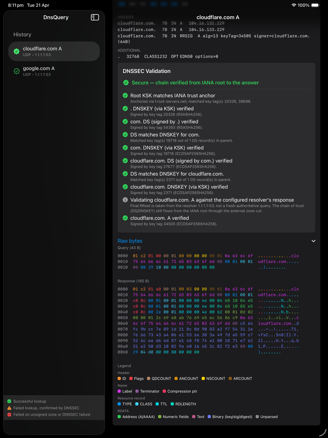 Colour-coded hex dump of the DNS query and response with legend below