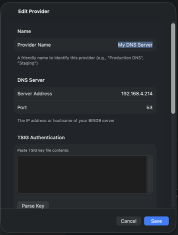 BIND9 provider configuration - server and TSIG settings