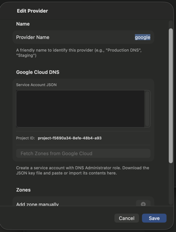 Google Cloud DNS provider configuration