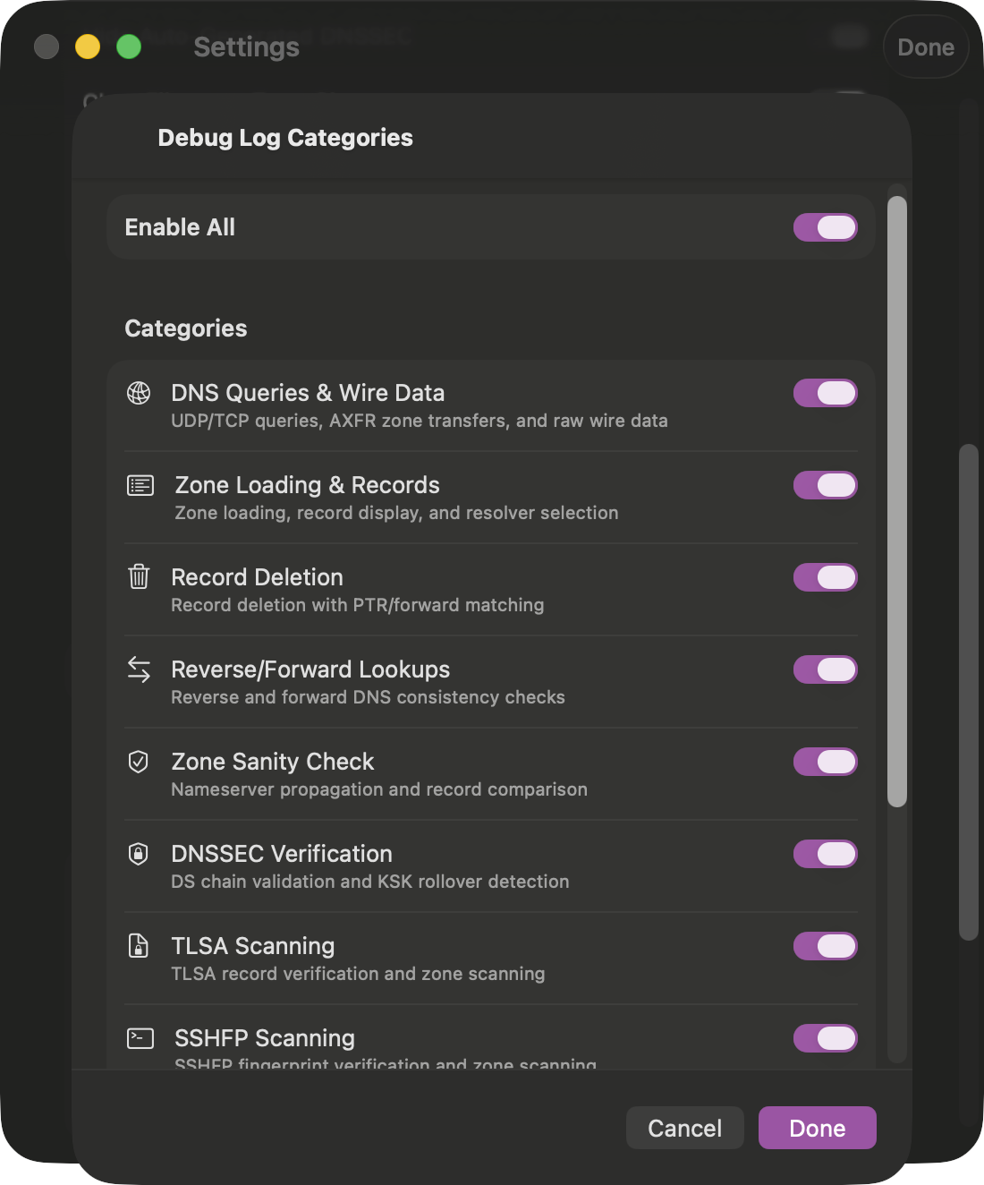 Debug Log Categories configuration sheet