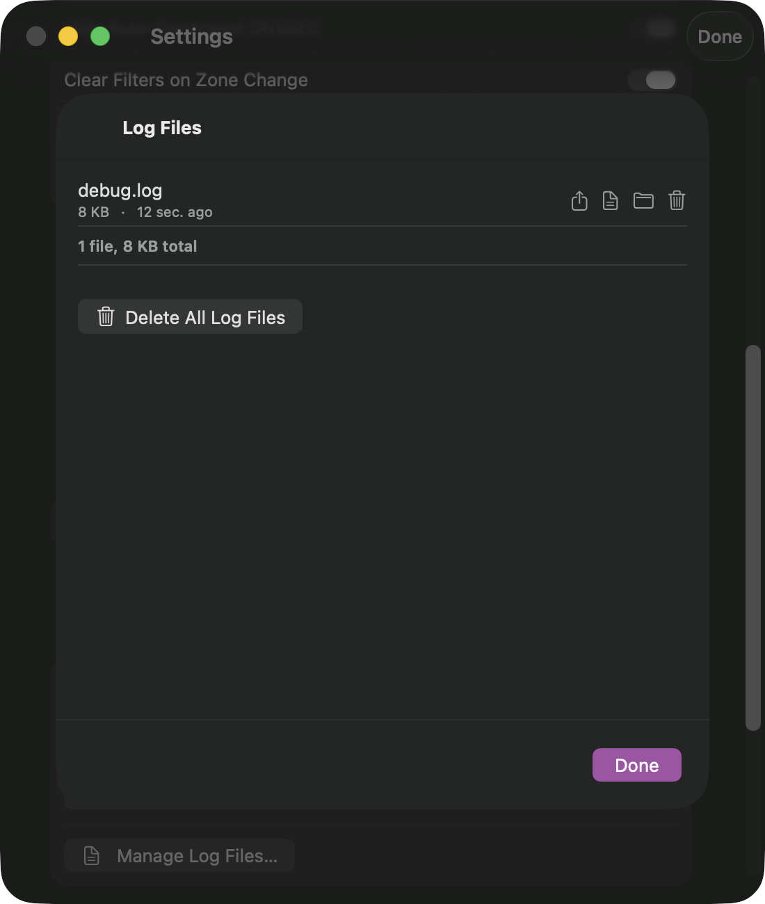 Log Files manager showing file size and share options