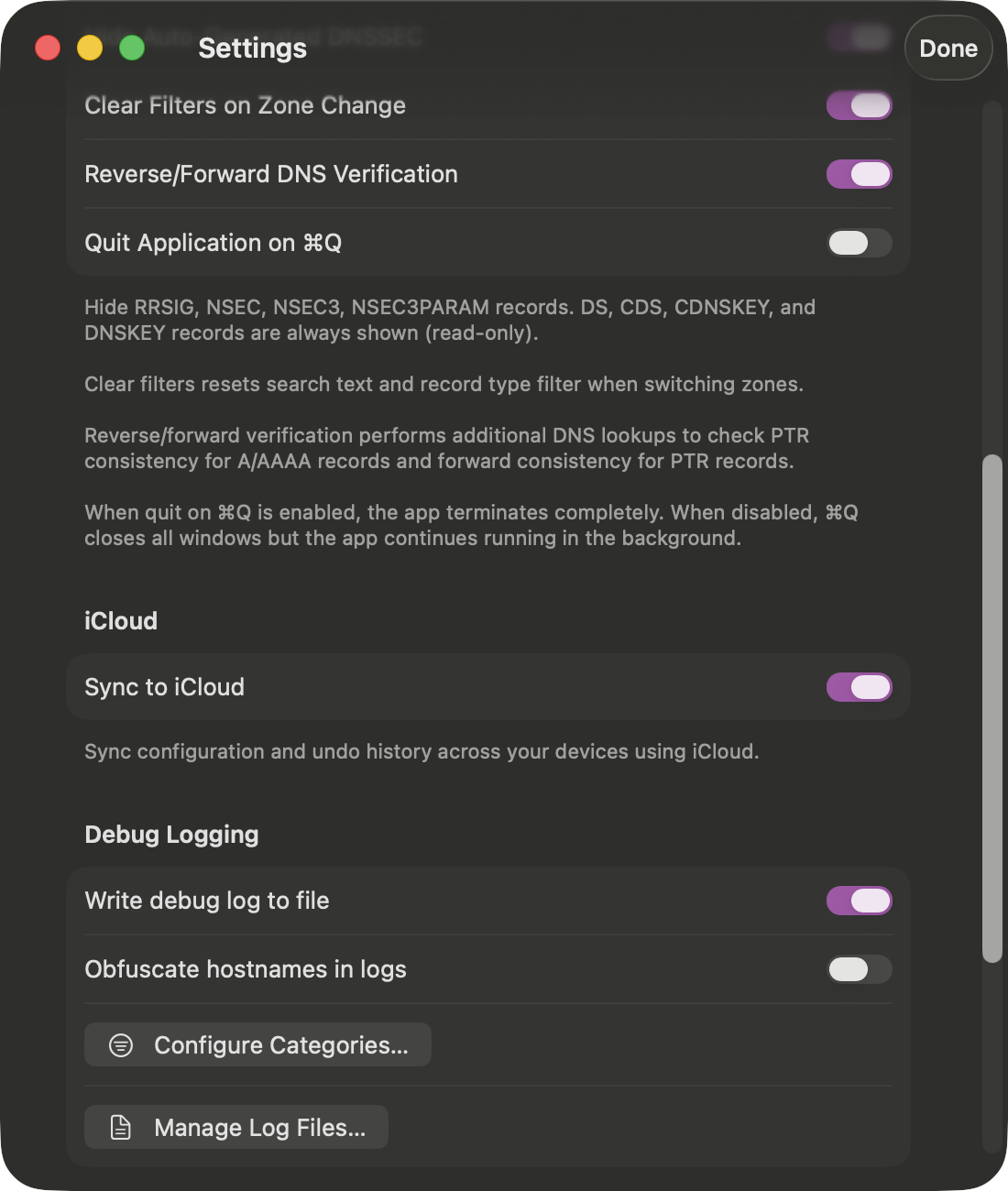 Debug Logging settings with toggle and configuration options