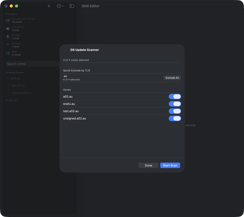 DS Update Scanner on iPad showing full-page sheet with zone configuration