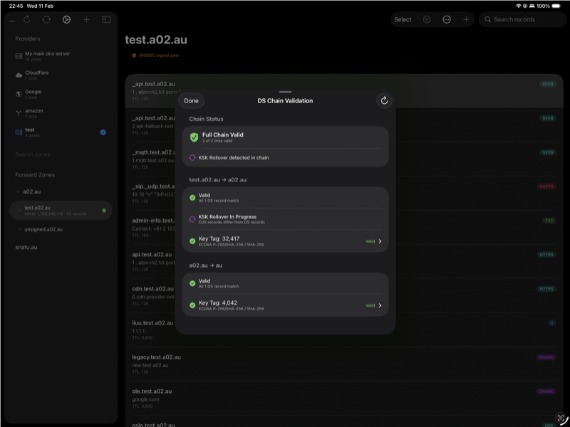 DS Chain Validation on iPad showing KSK rollover detected