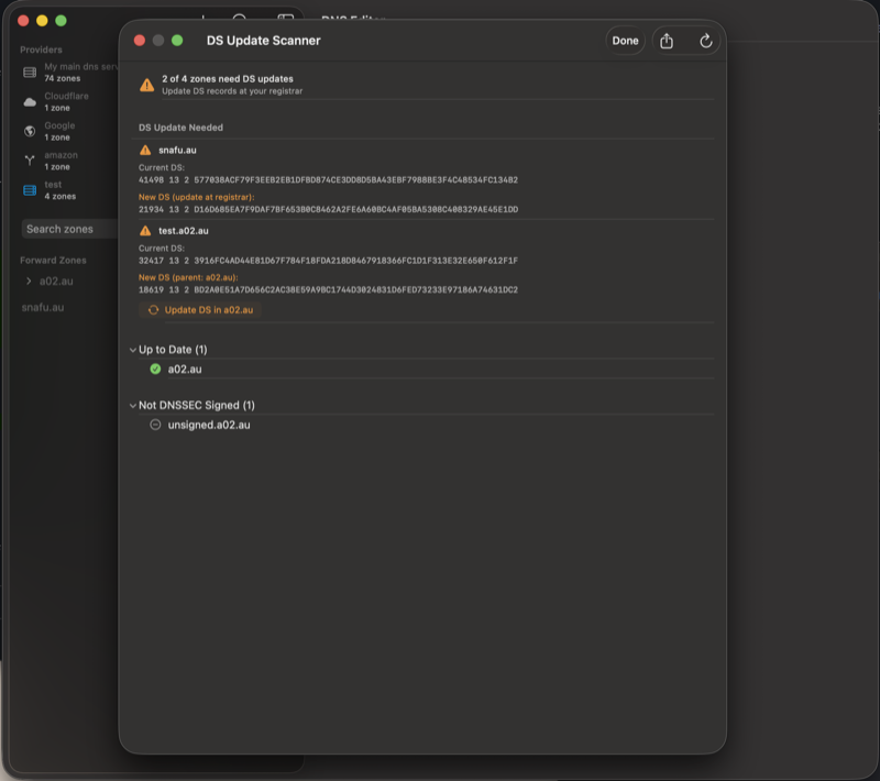 DS Update Scanner results on macOS showing zones needing DS updates