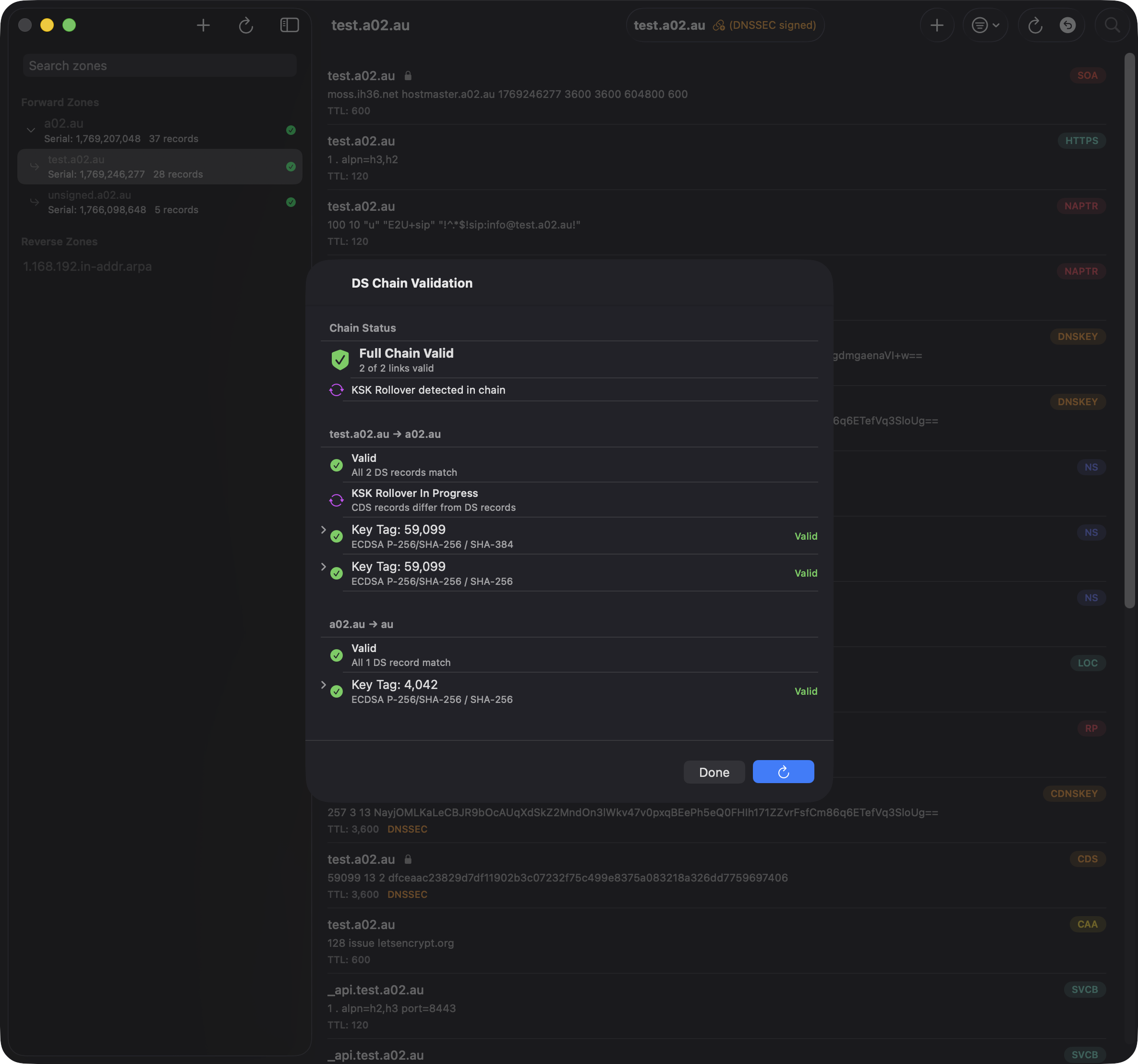 DS Chain Validation dialog showing full chain valid with KSK rollover detected