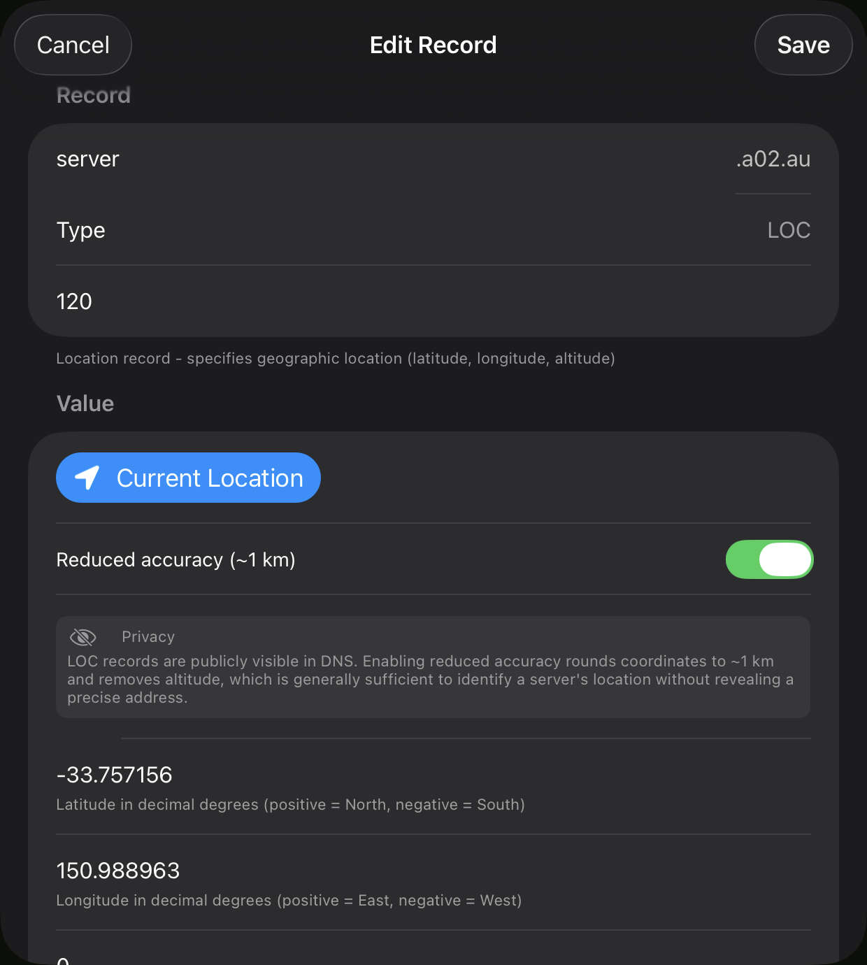 LOC record editor with Current Location button