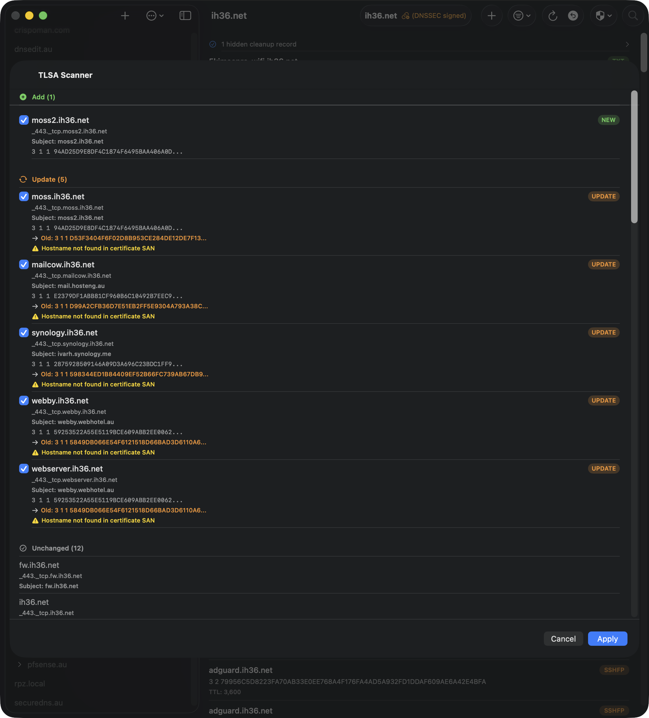 TLSA Scanner results with certificate verification