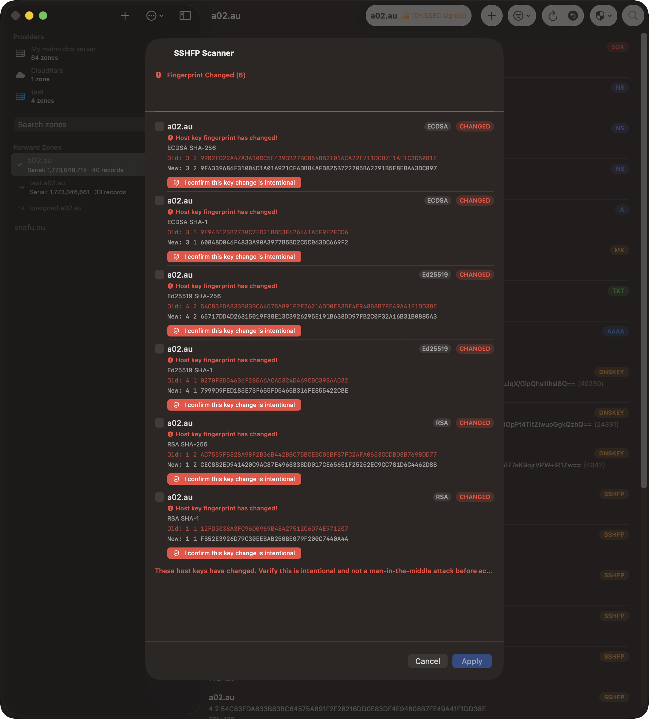 SSHFP Scanner results with verification badges