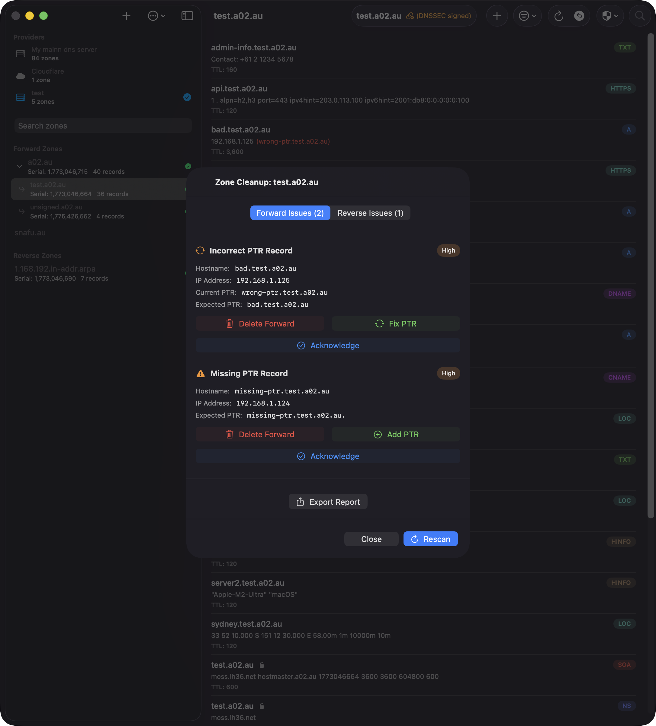 Zone Cleanup results showing orphaned records