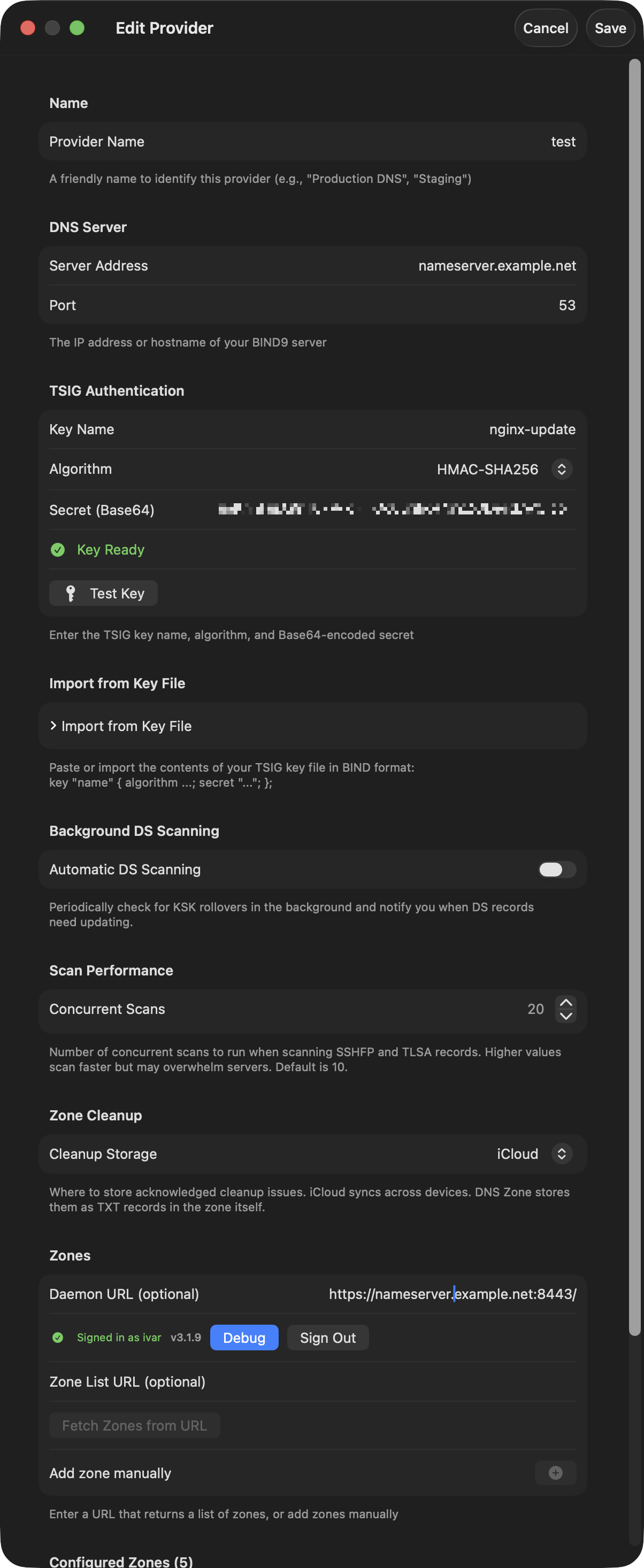 BIND9 provider configuration showing server settings, TSIG key, and zone list