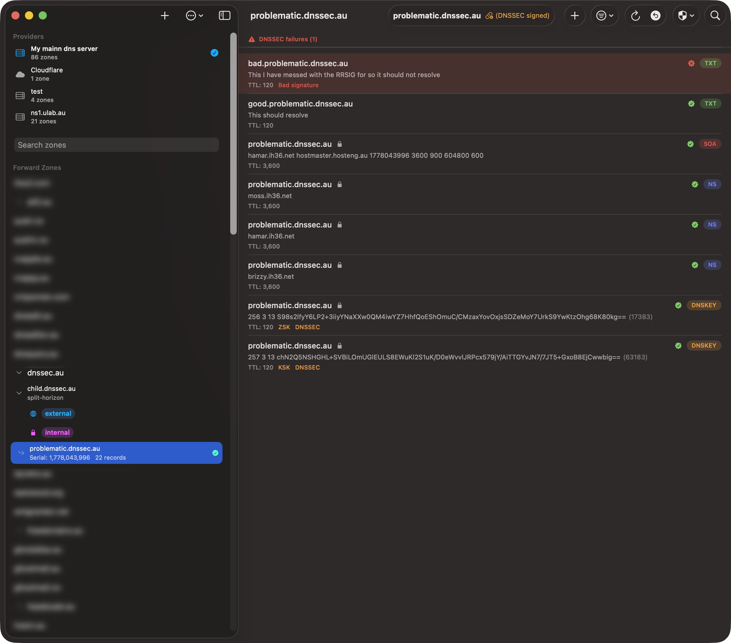 Zone editor showing a DNSSEC failures section at the top of the record list