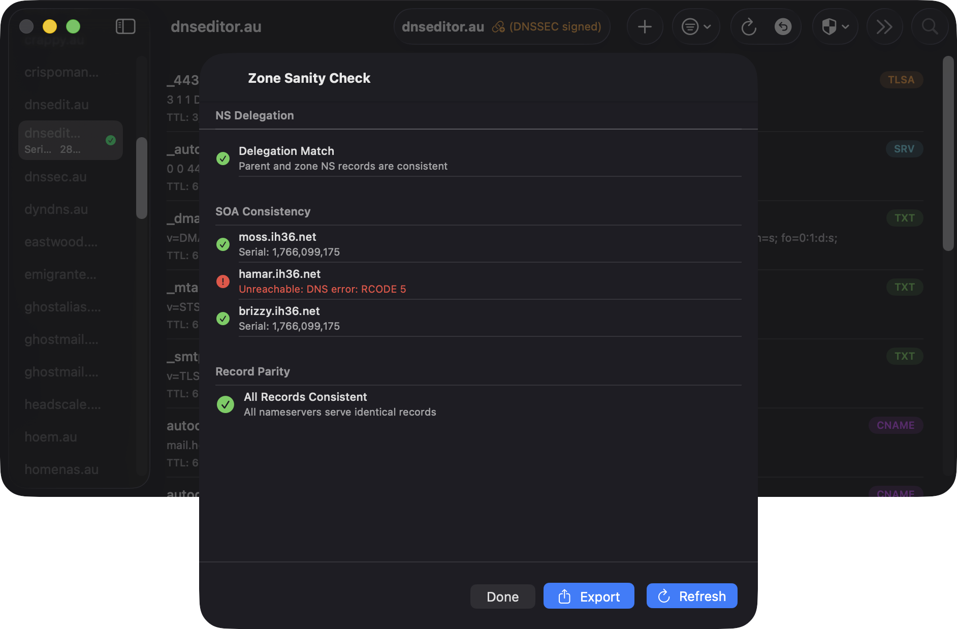 Zone Sanity Check showing NS delegation match, SOA consistency with one unreachable nameserver, and record parity